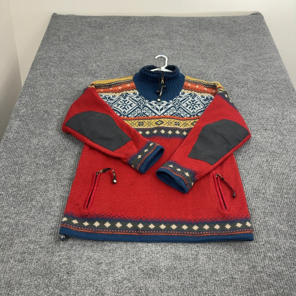 Norwear Sweater Mens XL Red Wool Fair Isle Quarter Zip Elbow Patches Gorpcore